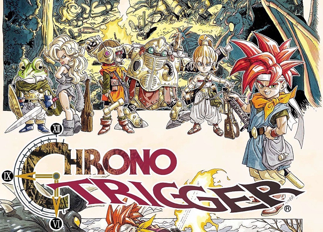 Imagen promocional de Chrono Trigger, donde aparece el logo del juego, a su lado el protagonista y detrás varios de los personajes que nos encontraremos durante la aventura, todo con un estilo gráfico muy manga.