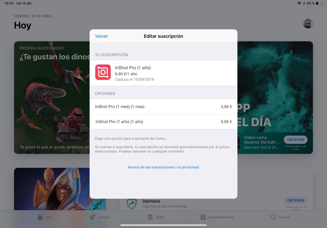 Captura de pantalla de la App Store donde se muestra la ventana de suscripciones de pago de nuestras apps